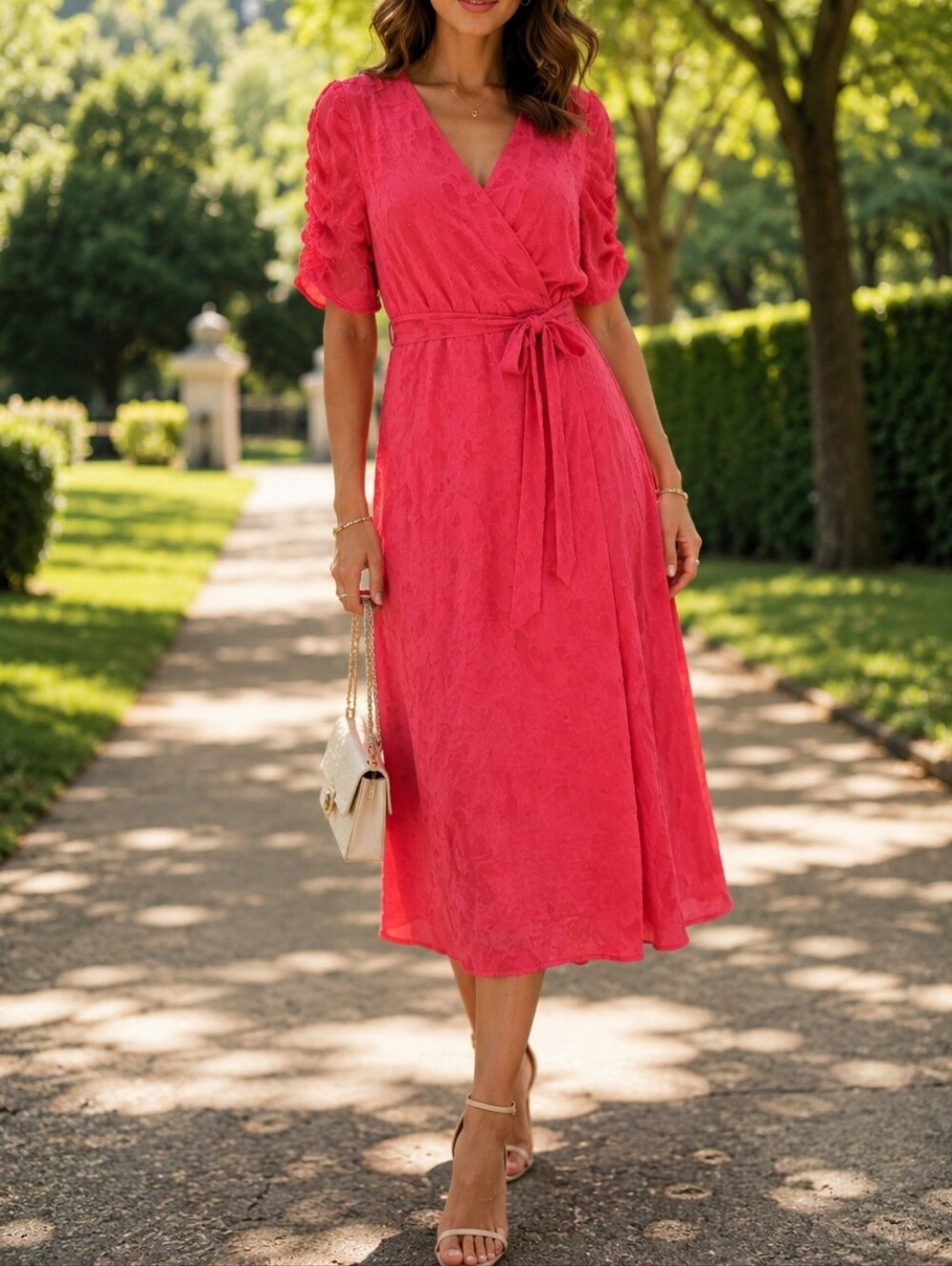 DKNY Coral Pink Textured Midi Dress Tie Waist Puff Sleeve Feminine Romantic